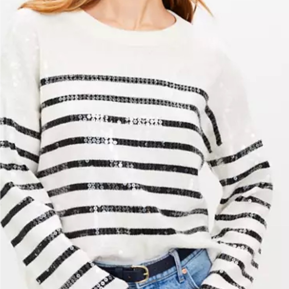 Loft Black and White Striped  Sequin Sweater